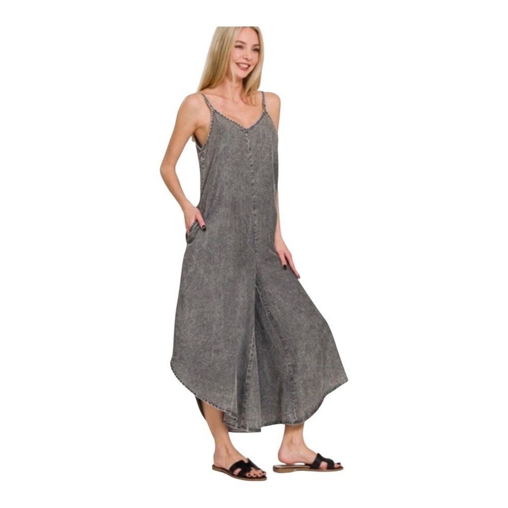 NWOT Zenana Acid-Washed Lyocell Wide Leg Lounge Jumpsuit in Black, Size Small